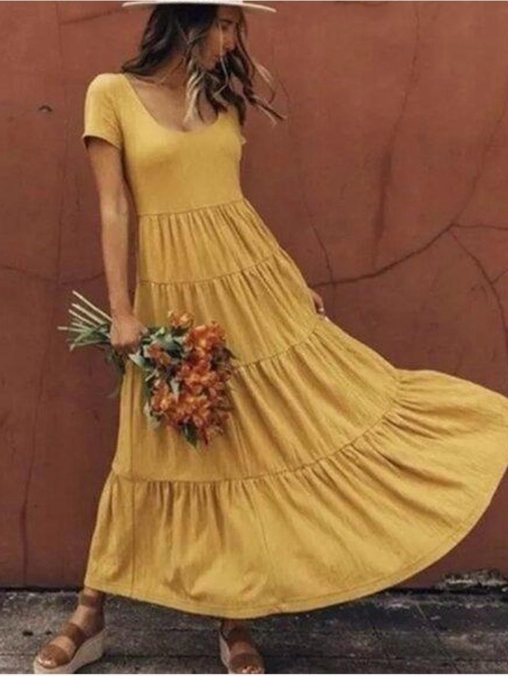 Maeve by Anthropologie Gillian Tiered Mustard Yellow Maxi Dress Size Large